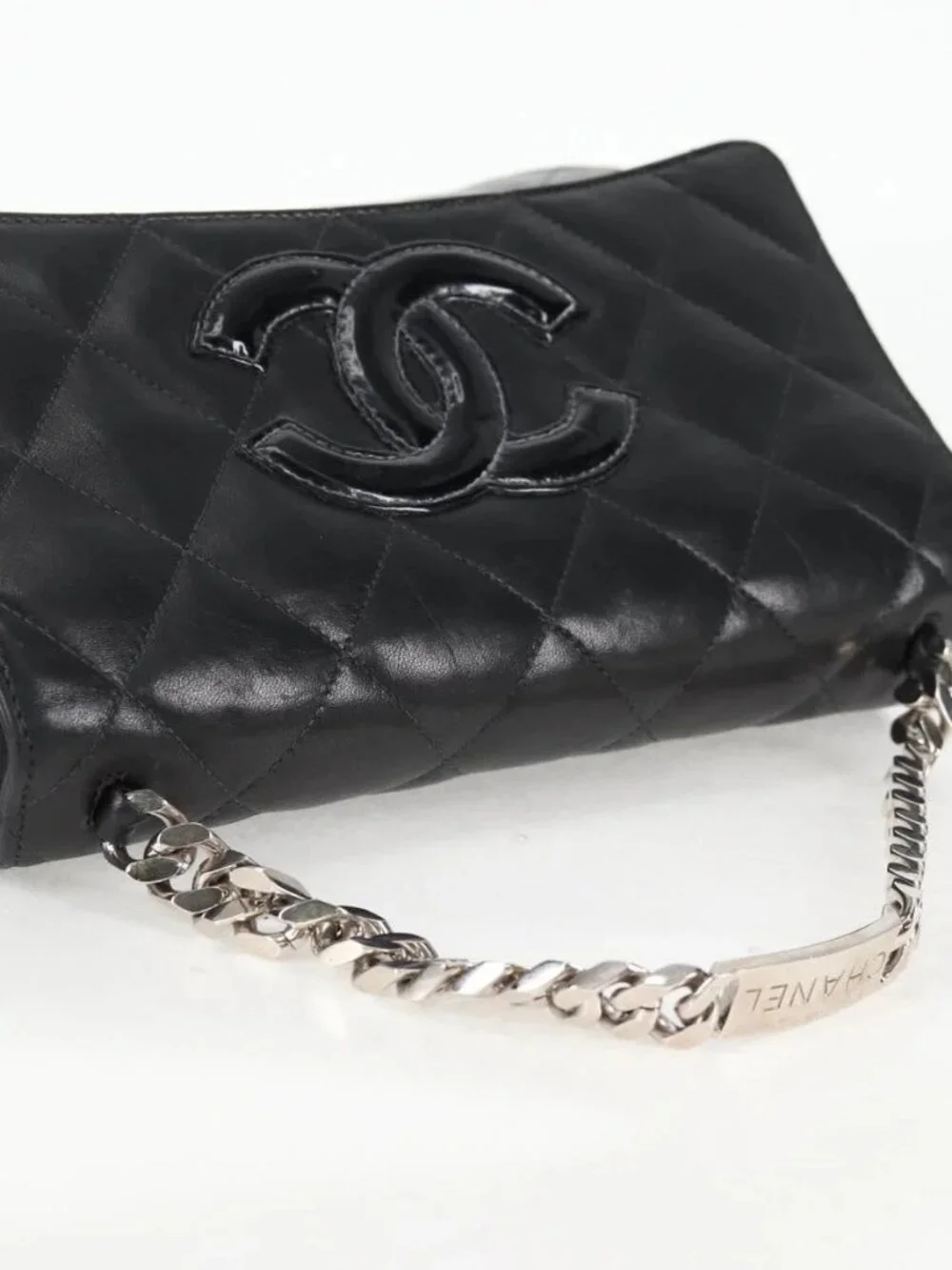 CHANEL Chain Hand Bag Lamb Skin Black Silver CC Auth 138566V